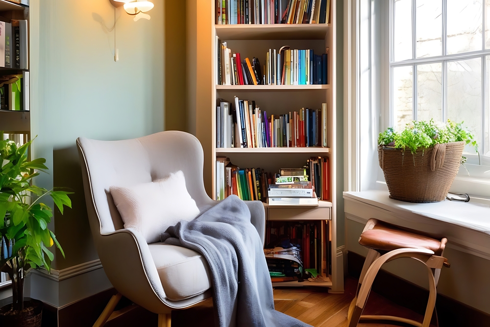 Rincón de lectura decorado con una butaca cómoda, estantería repleta de libros y una planta junto a una ventana, creando un ambiente acogedor y relajante para disfrutar de la lectura en casa.